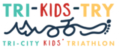 Logo for the Tri-City Kids' Triathlon. The text at the top says "TRI-KIDS-TRY" in teal, red, and yellow. Below is an abstract design representing swimming, cycling, and running. The text at the bottom reads "Tri-City Kids' Triathlon" in teal, red, and blue.