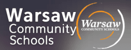 Logo of Warsaw Community Schools. The text "Warsaw Community Schools" appears in large white font on the left. On the right, a circular graphic with "Warsaw" in large font and "Community Schools" below it, is encircled partially by two orange curved lines.