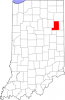 A map of Indiana with its counties outlined. A single county, located slightly northeast of the center, is highlighted in red. The county borders are clearly delineated, while the rest of the map remains uncolored.