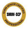 Circular logo for SHRM Senior Certified Professional (SHRM-SCP). The central text "SHRM-SCP" is black and surrounded by a gold ring with "SHRM Senior Certified Professional" written in black.