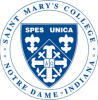 The blue and white seal of Saint Mary's College, Notre Dame, Indiana features a shield with cross and lilies, Greek letters Alpha and Omega, and the motto "Spes Unica." The seal is encircled by the text "Saint Mary's College Notre Dame, Indiana.