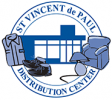 Logo of the St. Vincent de Paul Distribution Center. The logo features a blue building in the background with a blue circular border. Inside the circle are illustrations of clothing, shoes, a lamp, and a chair, representing the types of donations they accept.