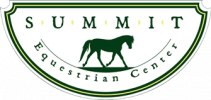 A logo featuring a green silhouette of a horse walking, with the text "SUMMIT" above it and "Equestrian Center" below it, all enclosed within a shield-like shape outlined in green and yellow.