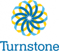A logo featuring a circular, multi-layered design with interlacing blue and yellow curves at the top. Below the design is the word "Turnstone" written in blue, bold, sans-serif typeface.